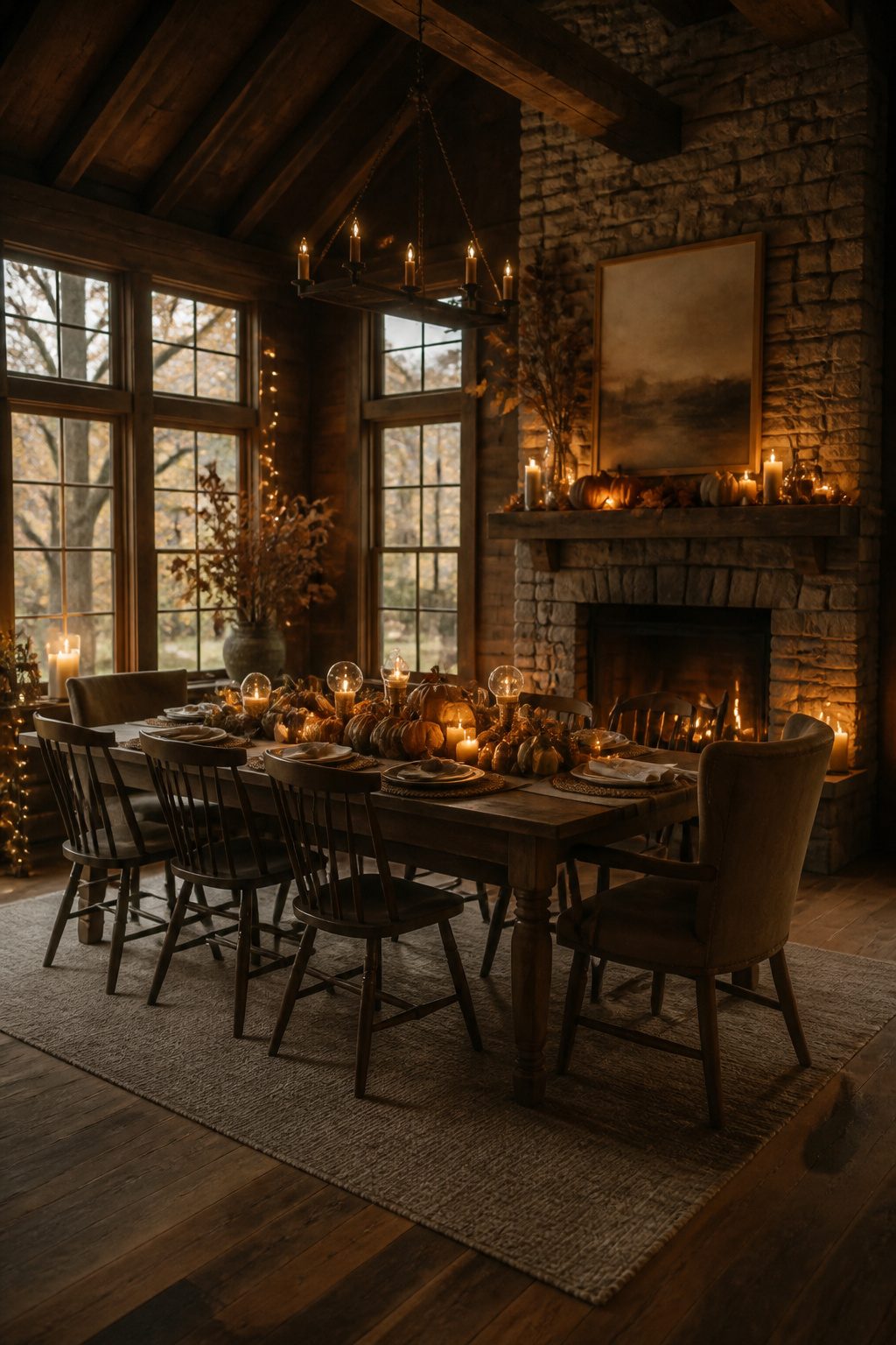 Candles and string lights on a rustic Thanksgiving table.