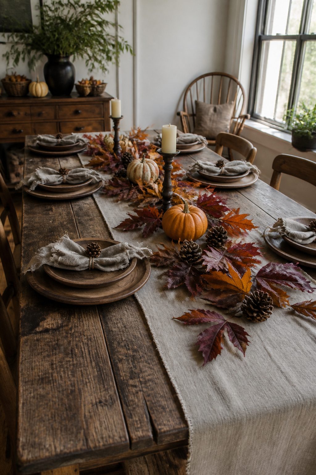 A rustic table with leaves, pine cones, and small pumpkins.
