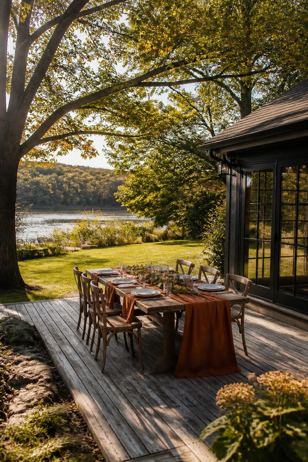 A rustic Thanksgiving table set outdoors with natural elements.