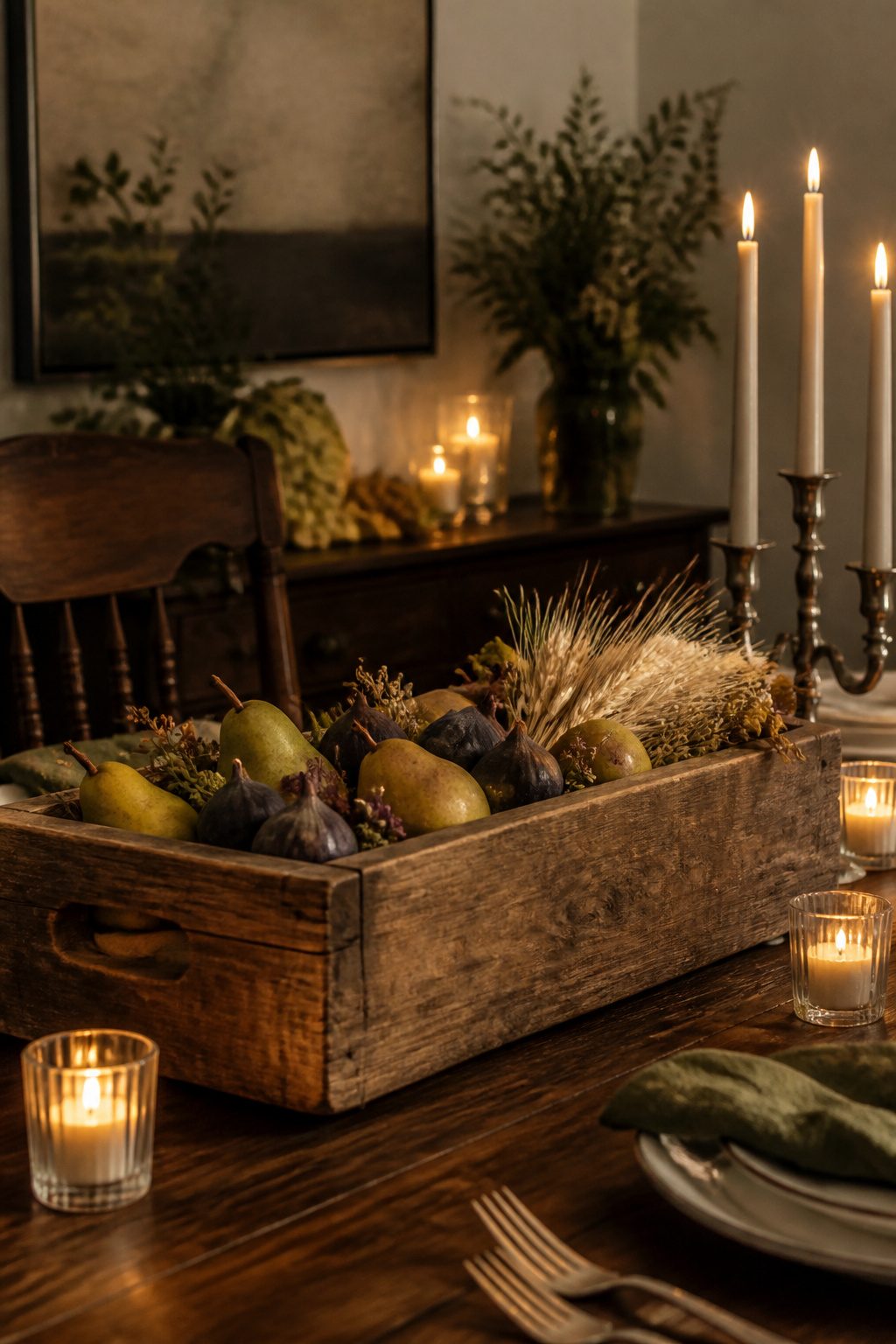 A wooden box filled with pumpkins and natural decor on a table.