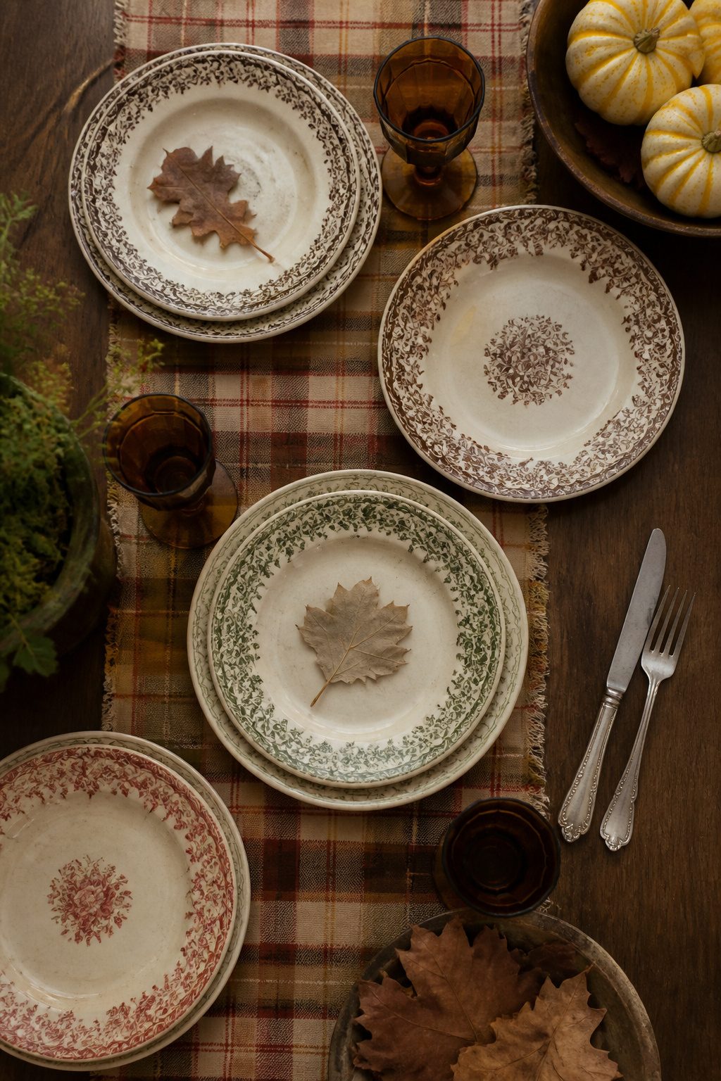 Antique plates in warm colors on a rustic Thanksgiving table.