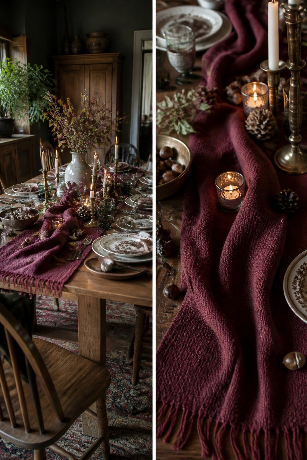 A scarf and thrifted decor items on a rustic table.