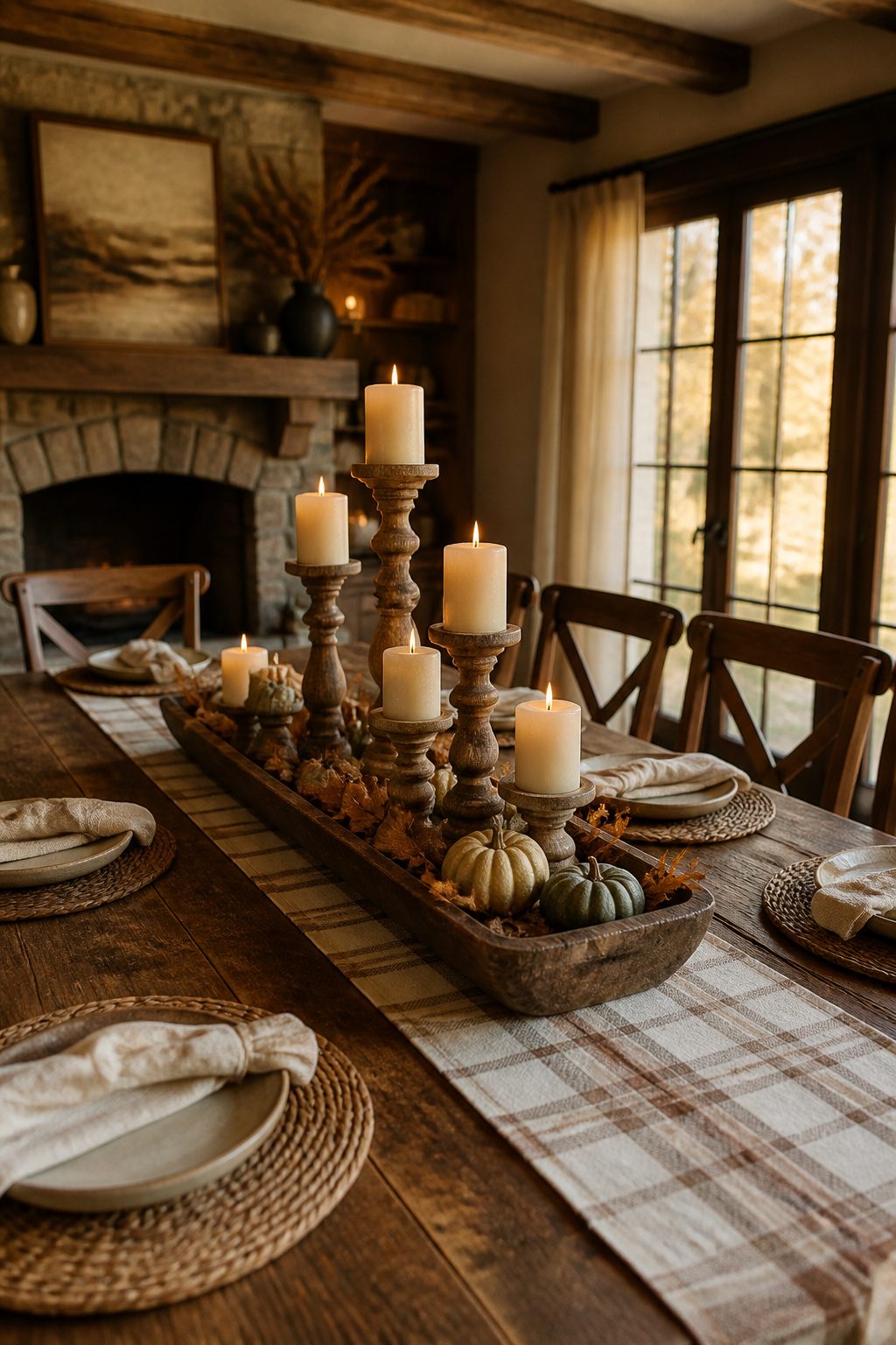 A wooden tray with candle holders on a rustic table.