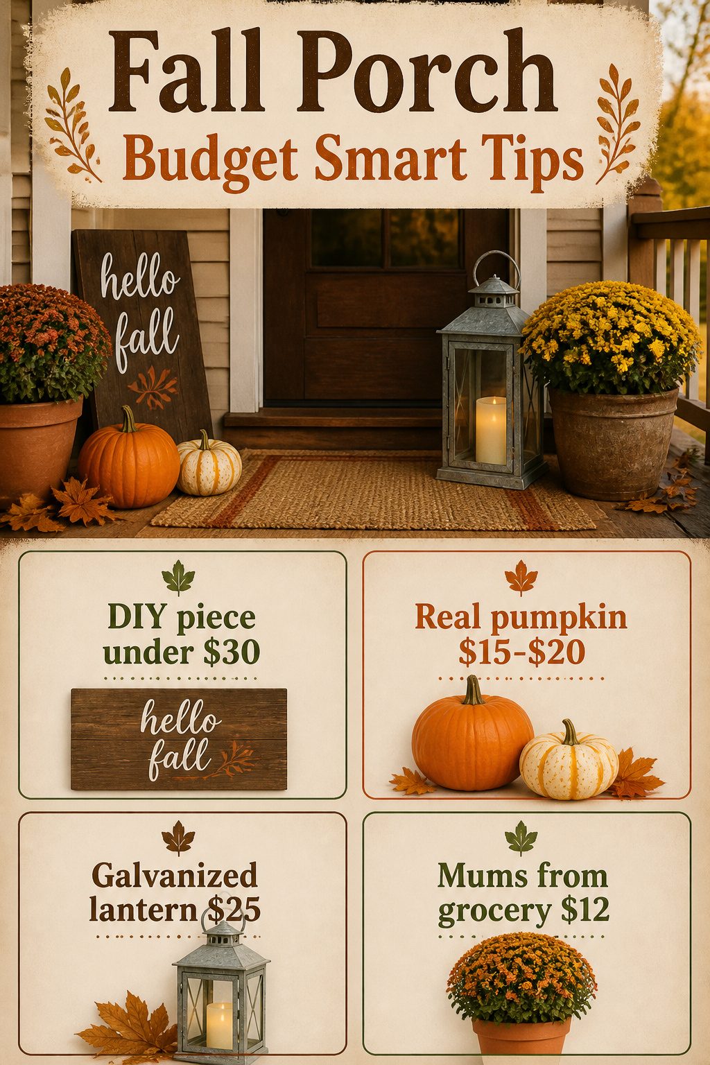 An infographic with budget tips for fall porch decorating.