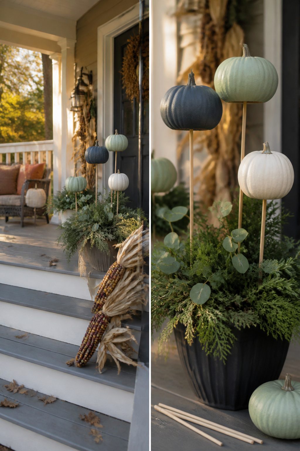 Craft pumpkins mounted on dowel rods in a planter.