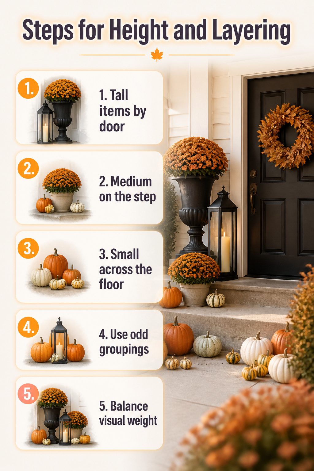 An image showing height layering rules for porch decor.