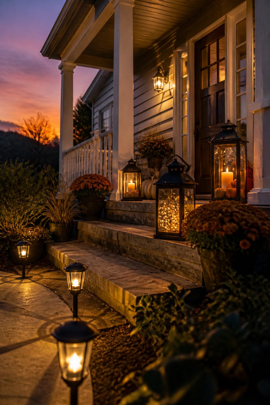 Lanterns with candles positioned on a porch for evening lighting.