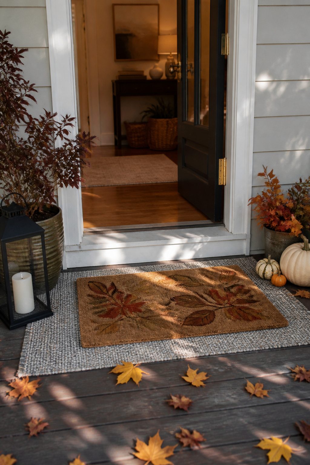 A larger grey rug layered with a coir doormat on a porch.