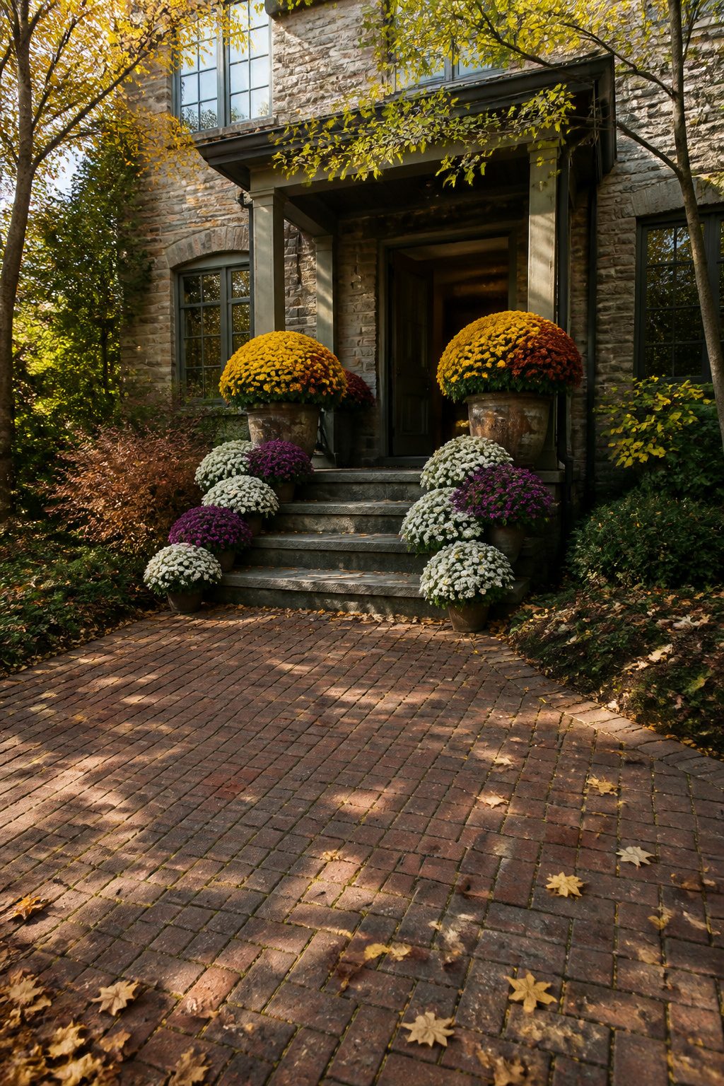 Large pots of yellow and orange mums flanking a porch entry.