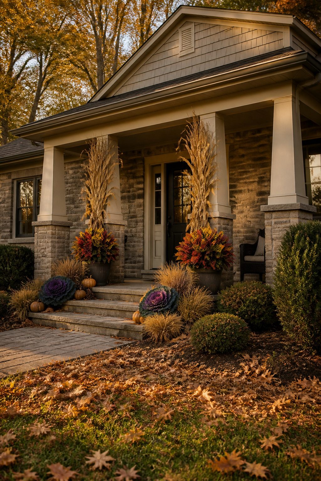 Bundles of corn stalks alongside pinecones and wheat on a porch.