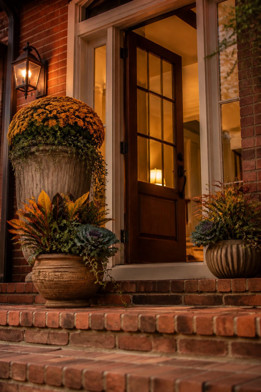 Three planters of different heights positioned at a porch entry.