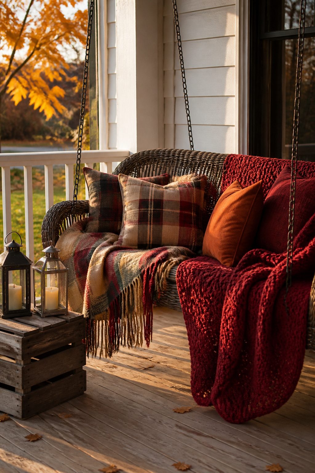 A wicker swing adorned with pillows and blankets in warm colors.