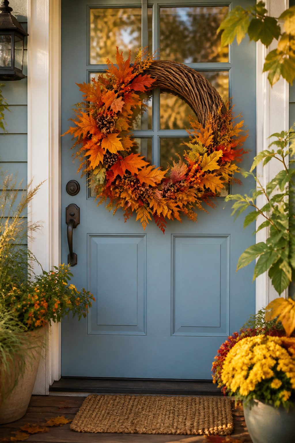 A grapevine wreath decorated with fall leaves and natural elements.