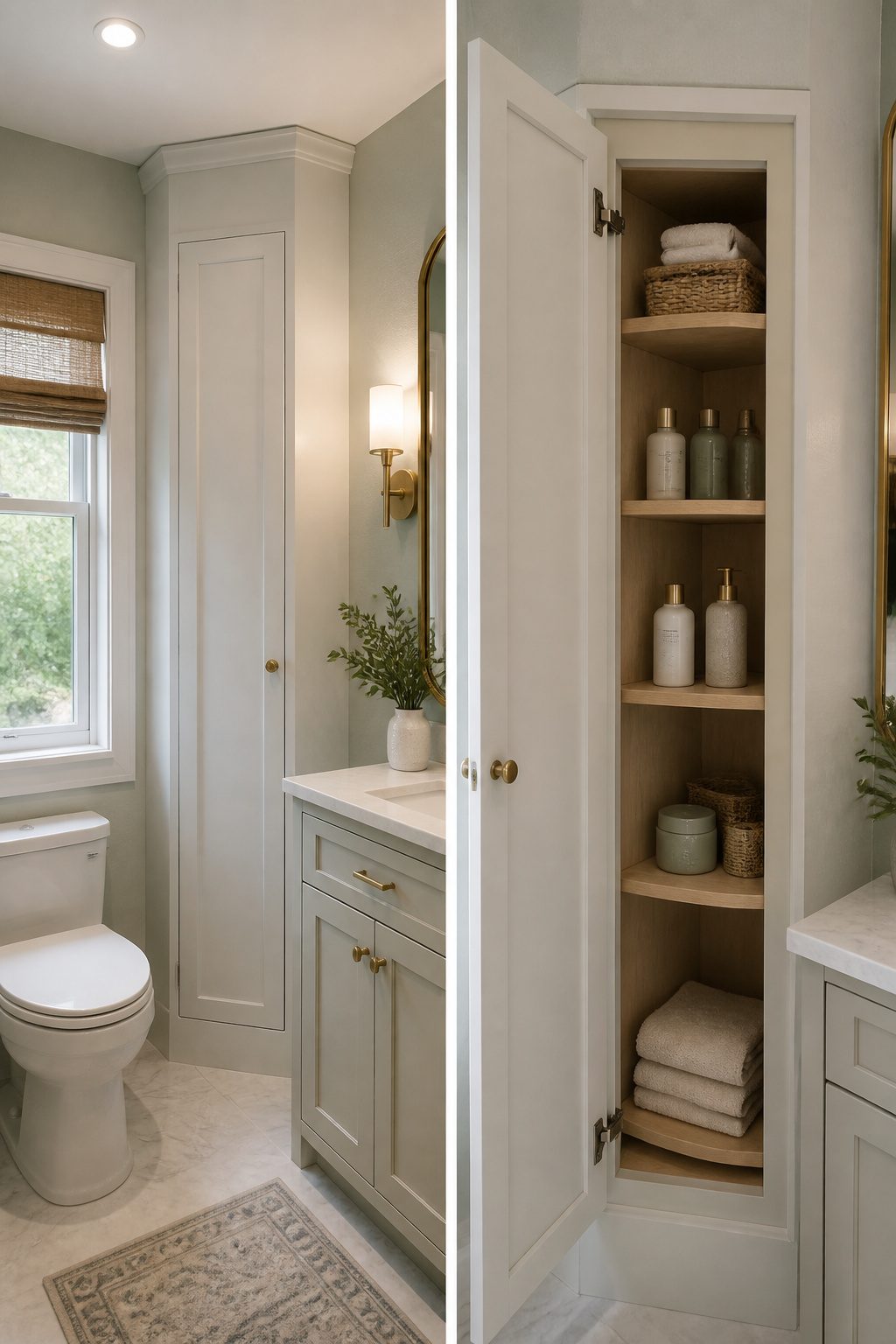 A narrow cabinet built into a corner of a bathroom.