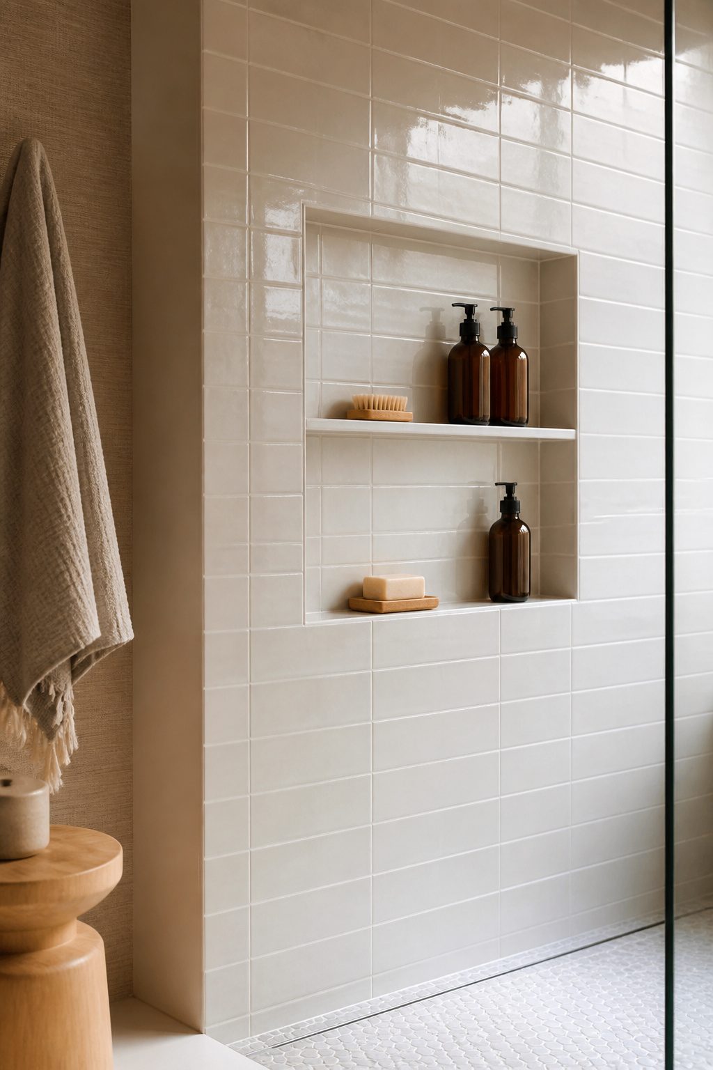 A recessed shelf in a bathroom wall holding shampoo bottles and soap.
