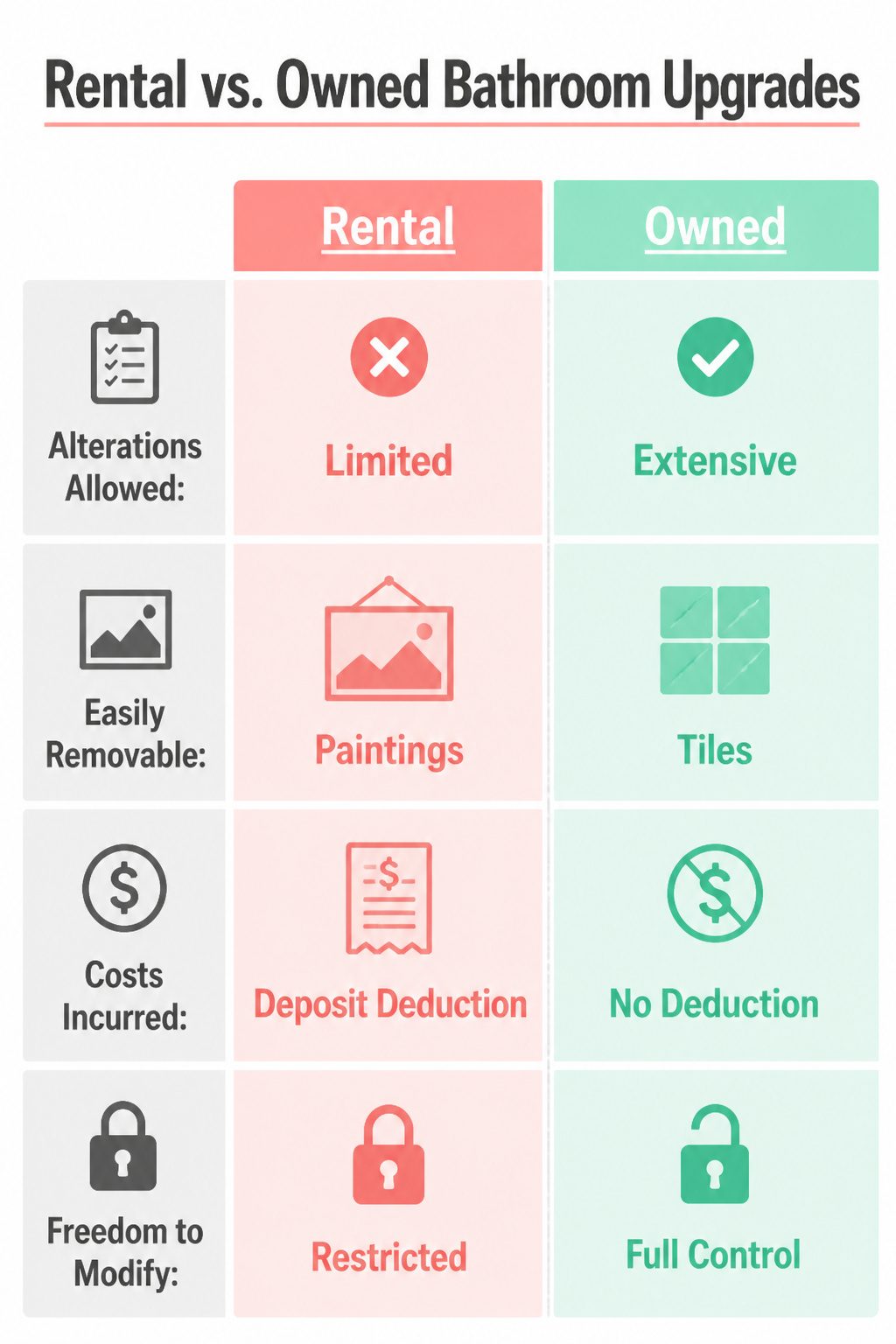 A comparison of rental versus owned bathroom upgrades.