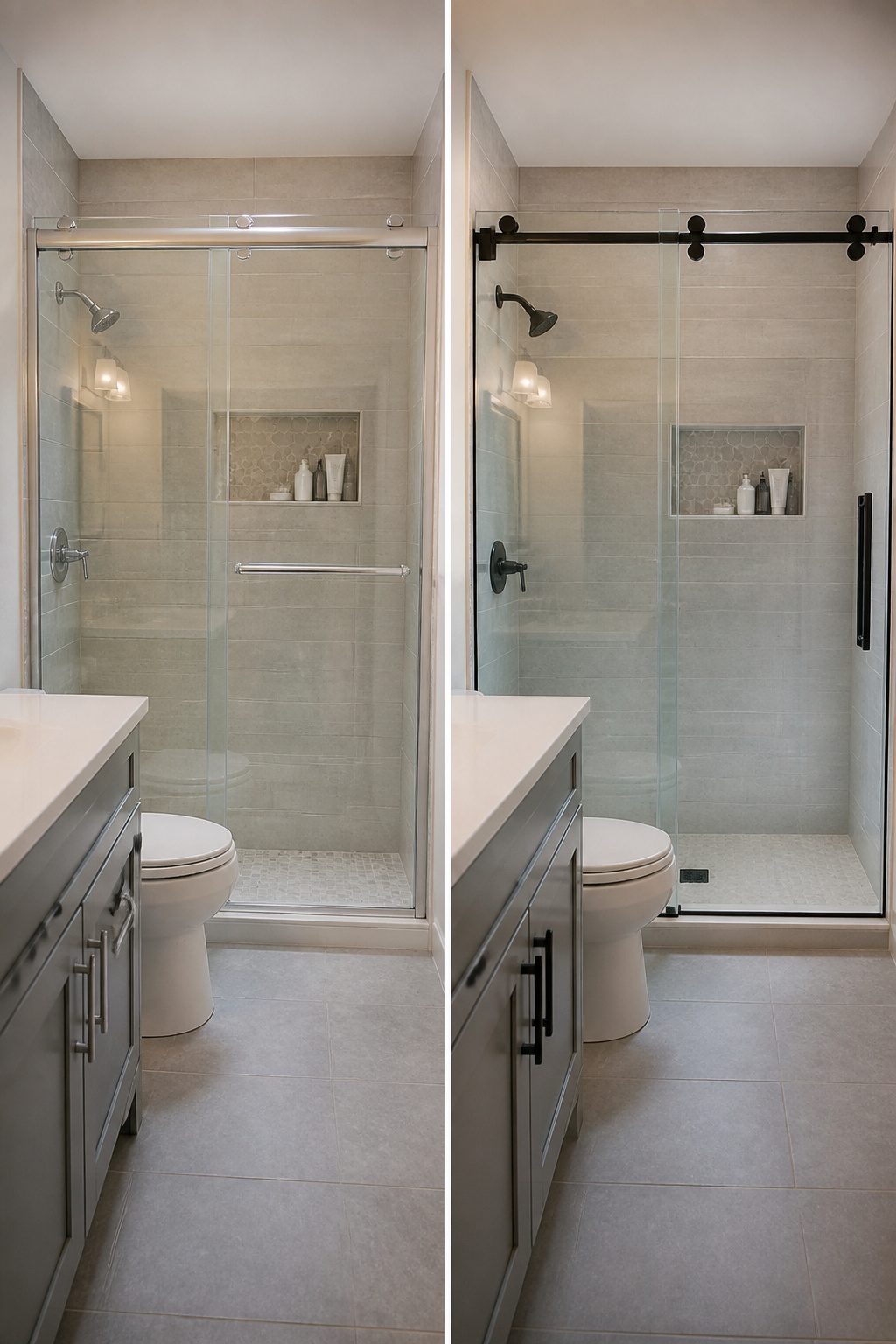 A sliding shower door that opens without taking up floor space.