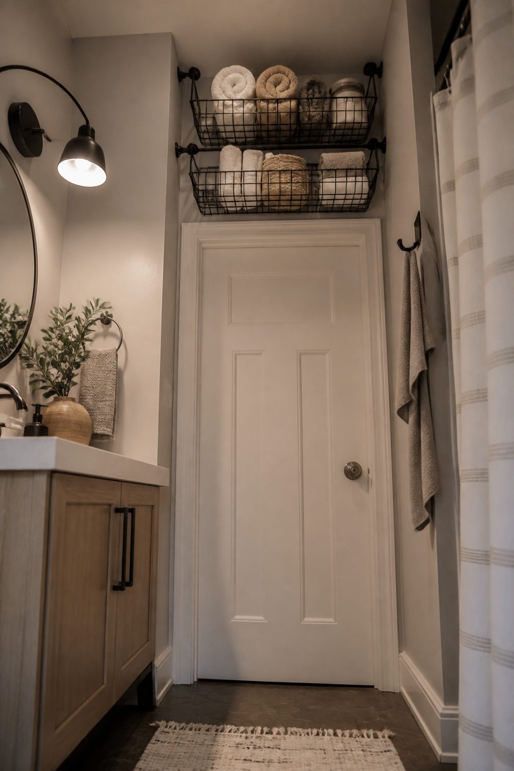 Wire baskets mounted on a tension rod above a bathroom door.