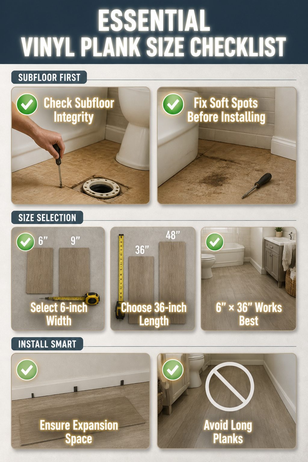 A checklist showing vinyl plank sizes suitable for bathrooms.