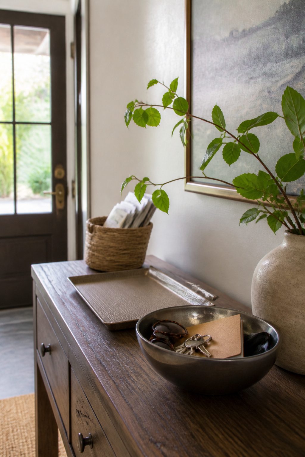 Pewter bowl and decorative tray on an entryway console.