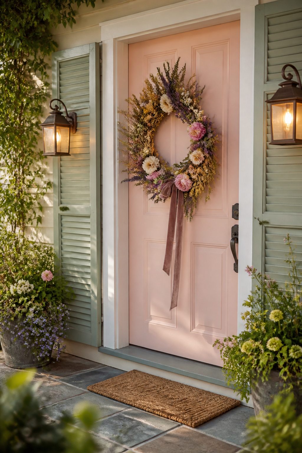 Bright floral wreath on a pastel front door.