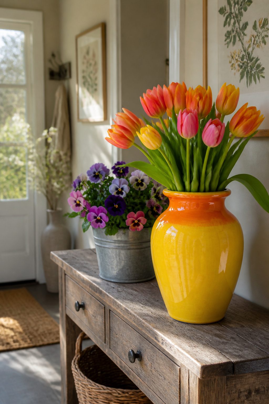 Colorful vase filled with fresh flowers on a console.
