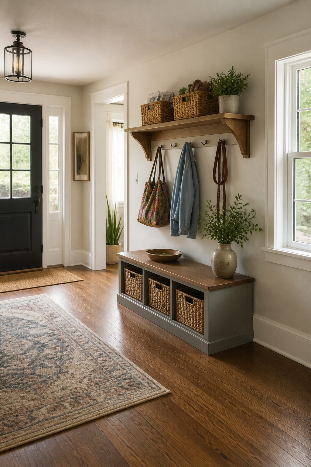 Woven baskets and hooks for storage in an entryway.