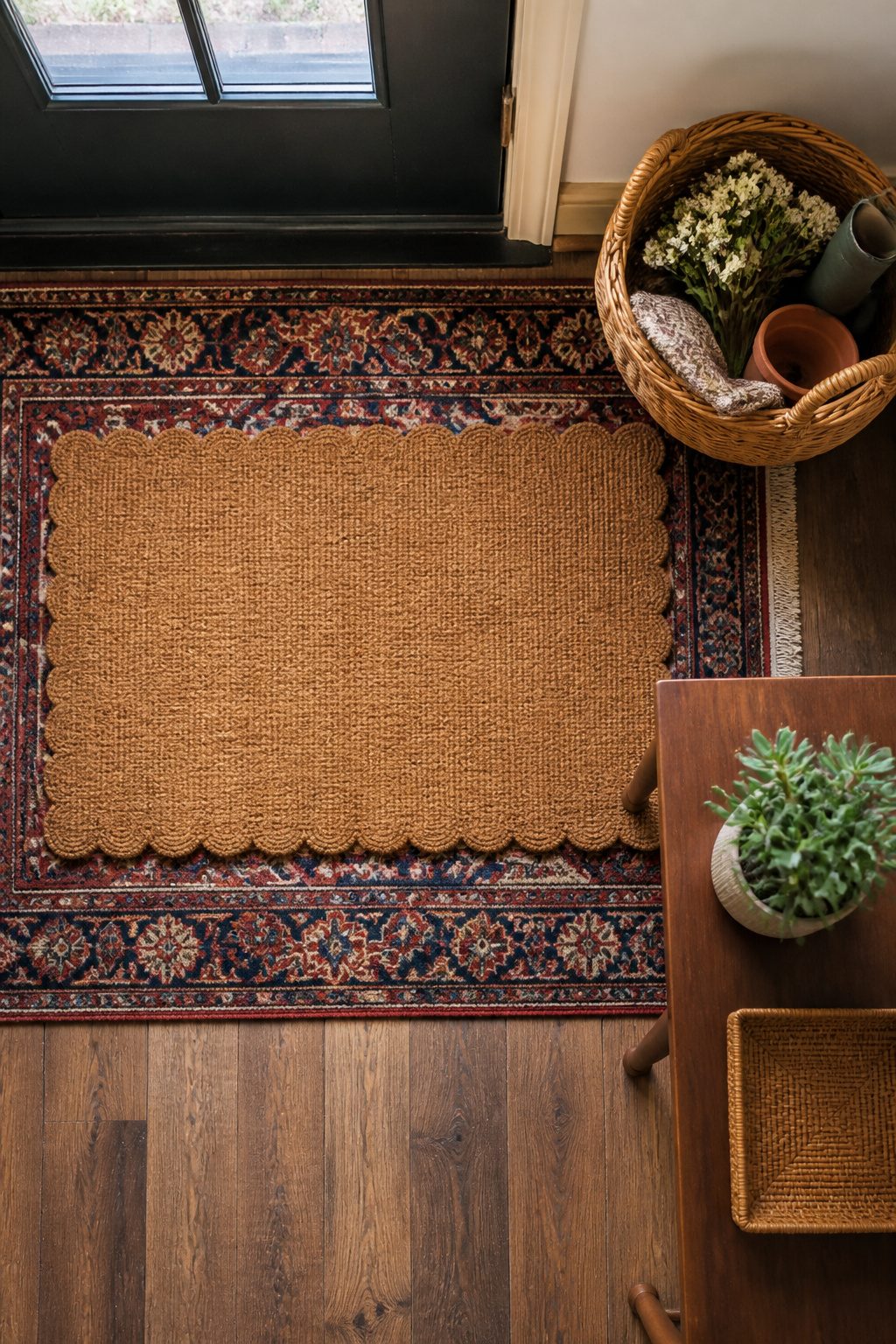 Layered doormat and vintage rug in an entryway.
