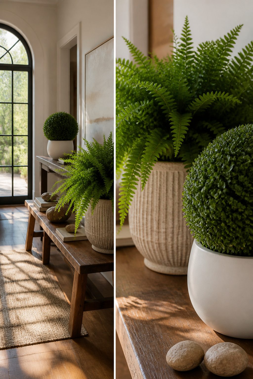 Combination of real and faux plants in an entryway.