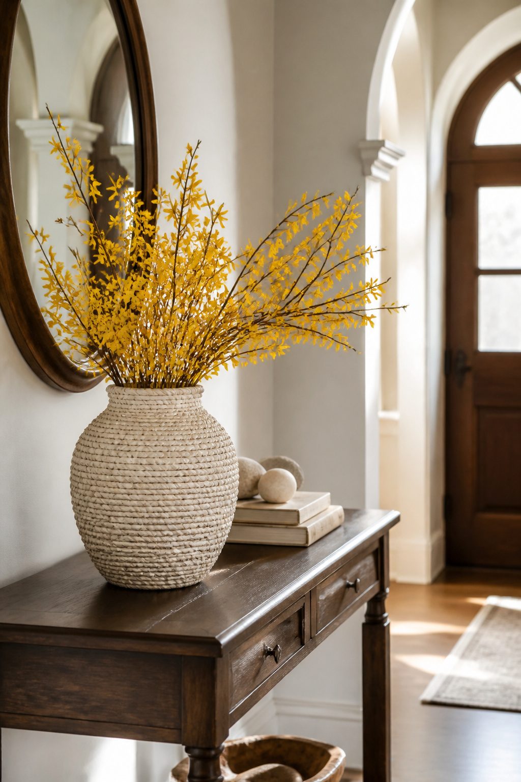 Seagrass-wrapped vase with yellow forsythia branches.
