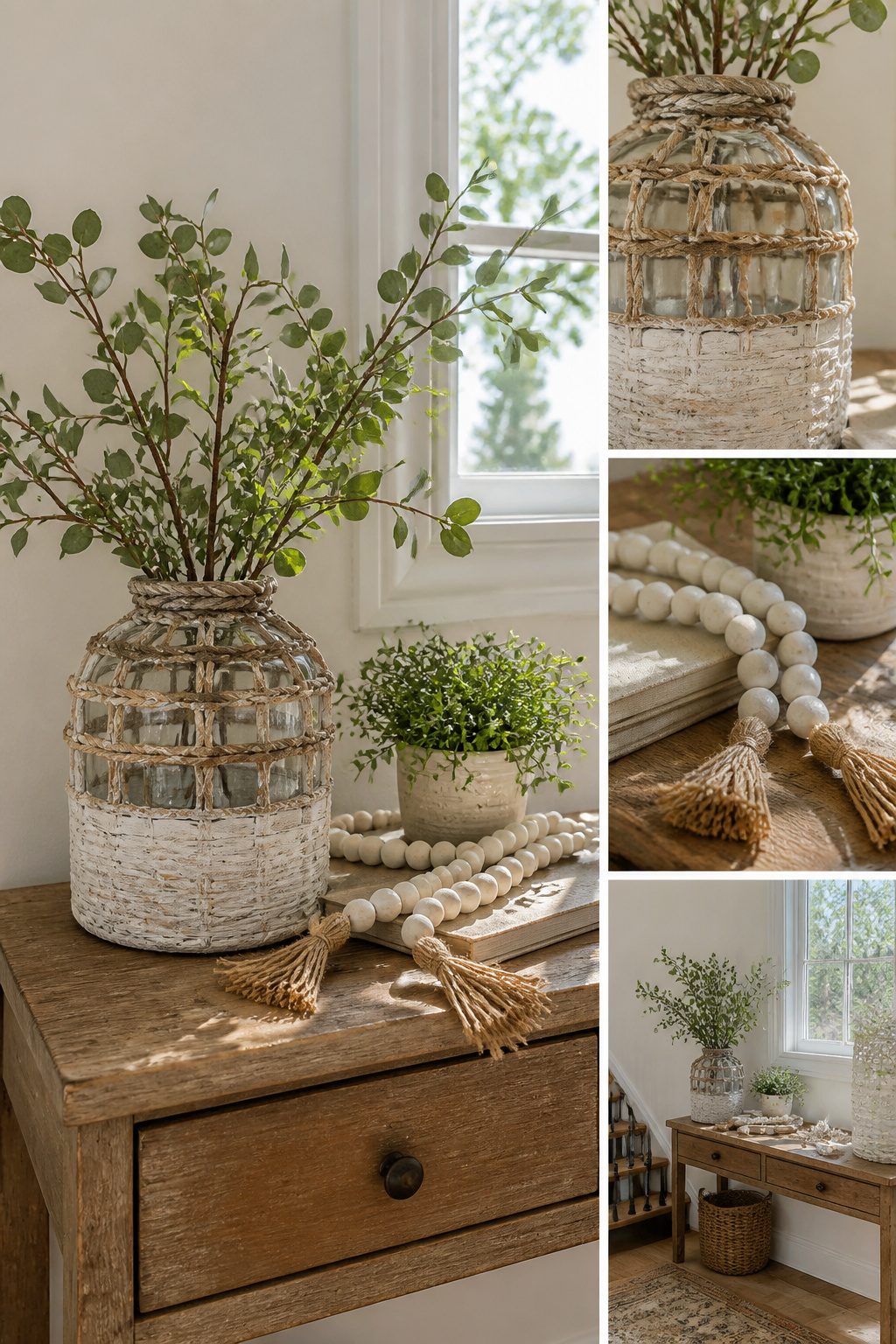 Glass vase wrapped in seagrass and painted with chalk paint.