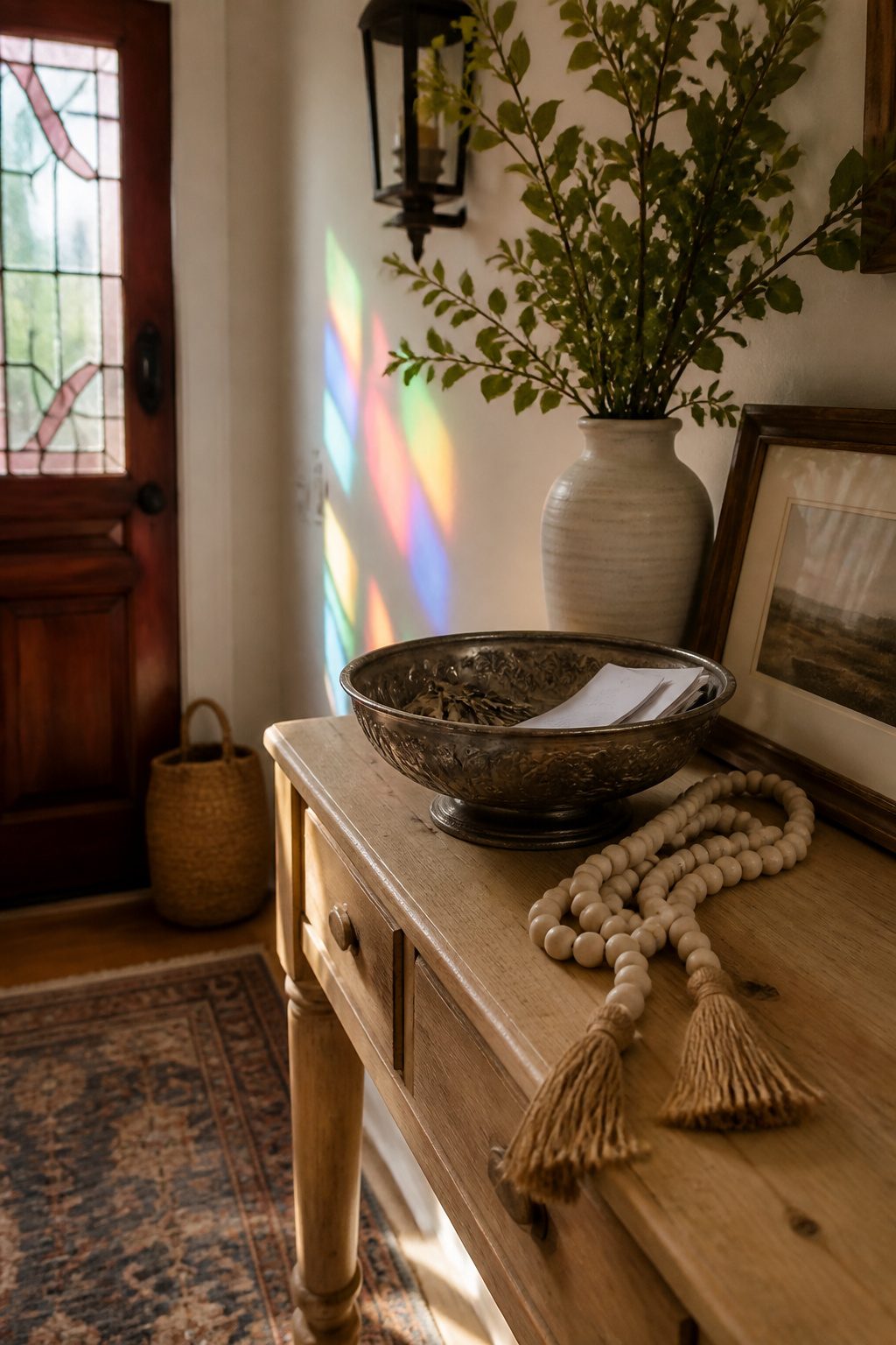 Pewter bowl and wooden beads on a console table.