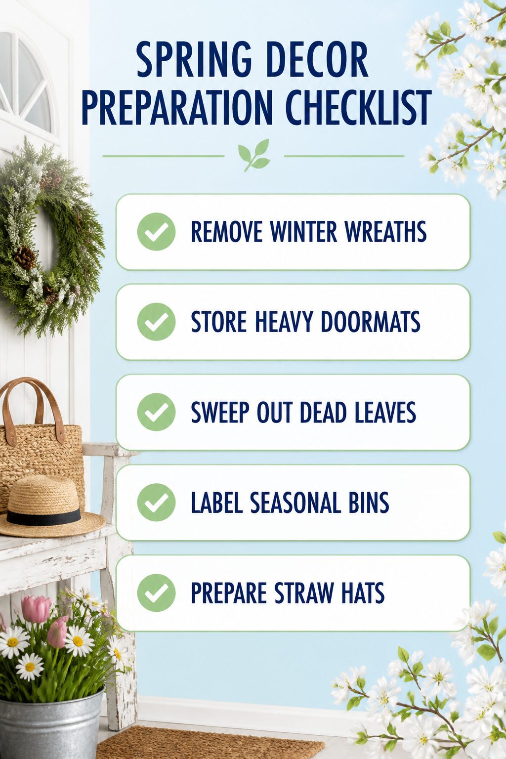 Checklist for preparing spring decor in an entryway.
