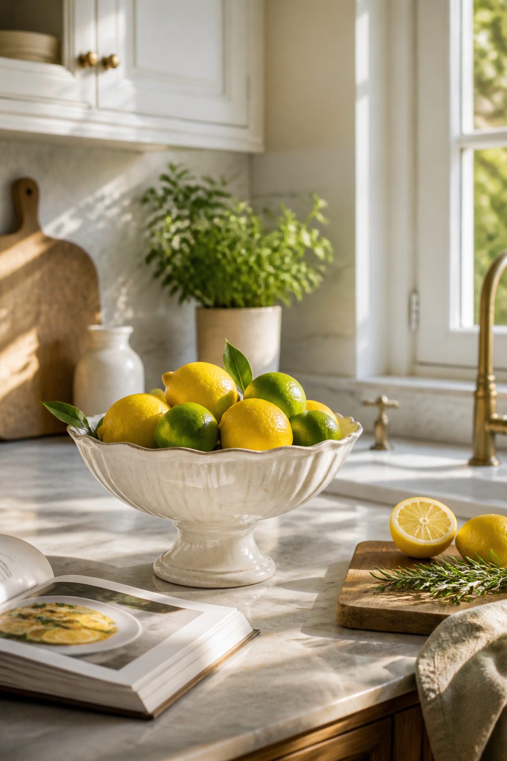 Ceramic bowl filled with lemons and limes on the counter.