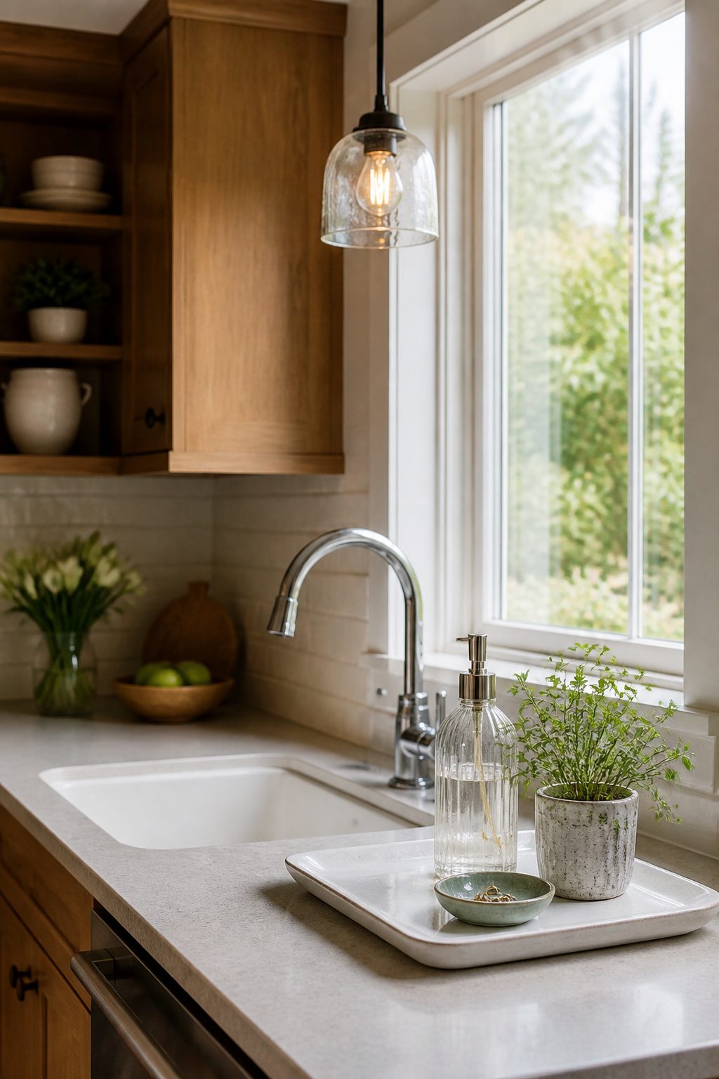 Enamel tray with soap dispenser, plant, and ring dish.