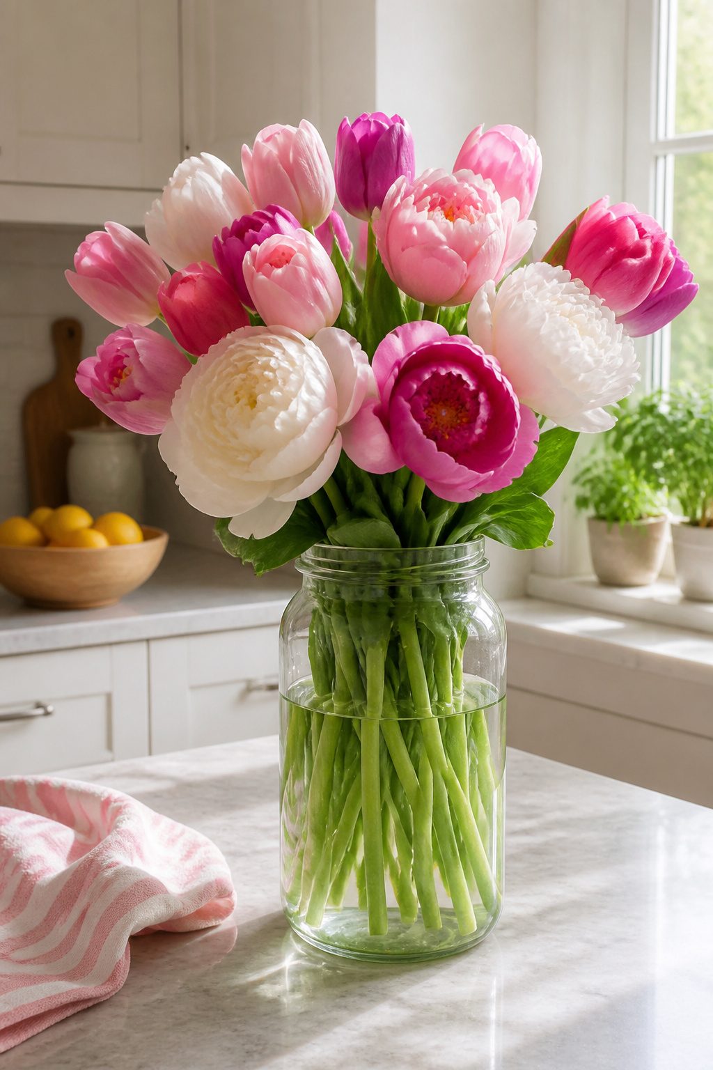 Vase of tulips and peonies on the kitchen counter.