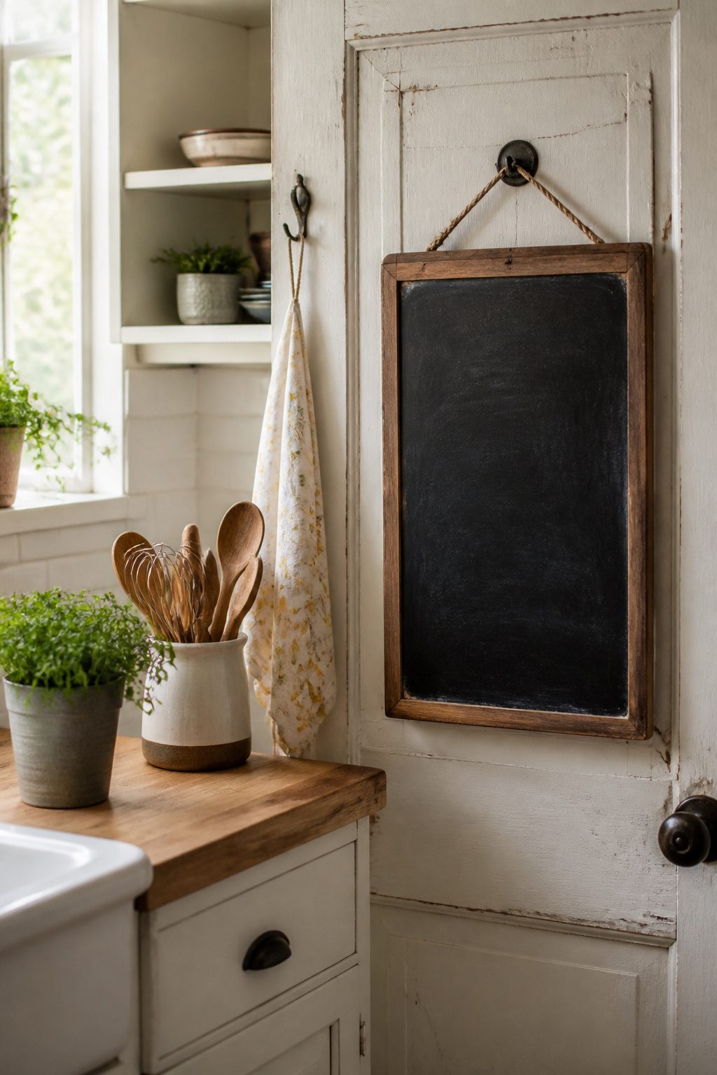 Chalkboard with handwritten messages on the pantry door.