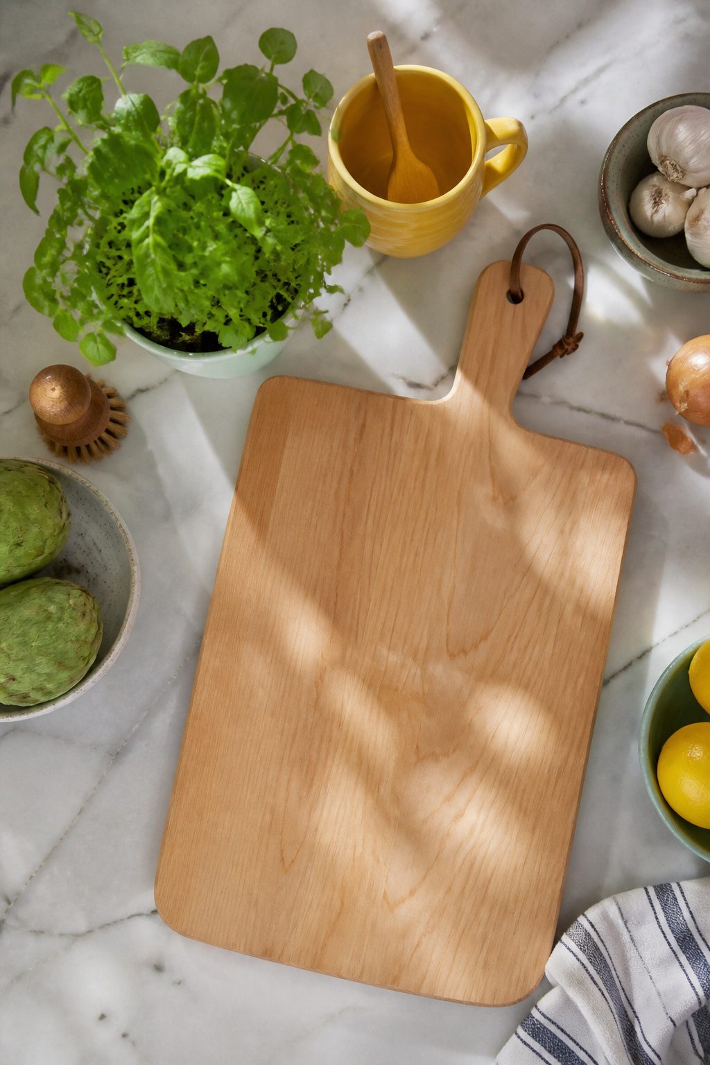 Cutting board with a potted herb and a colorful mug.
