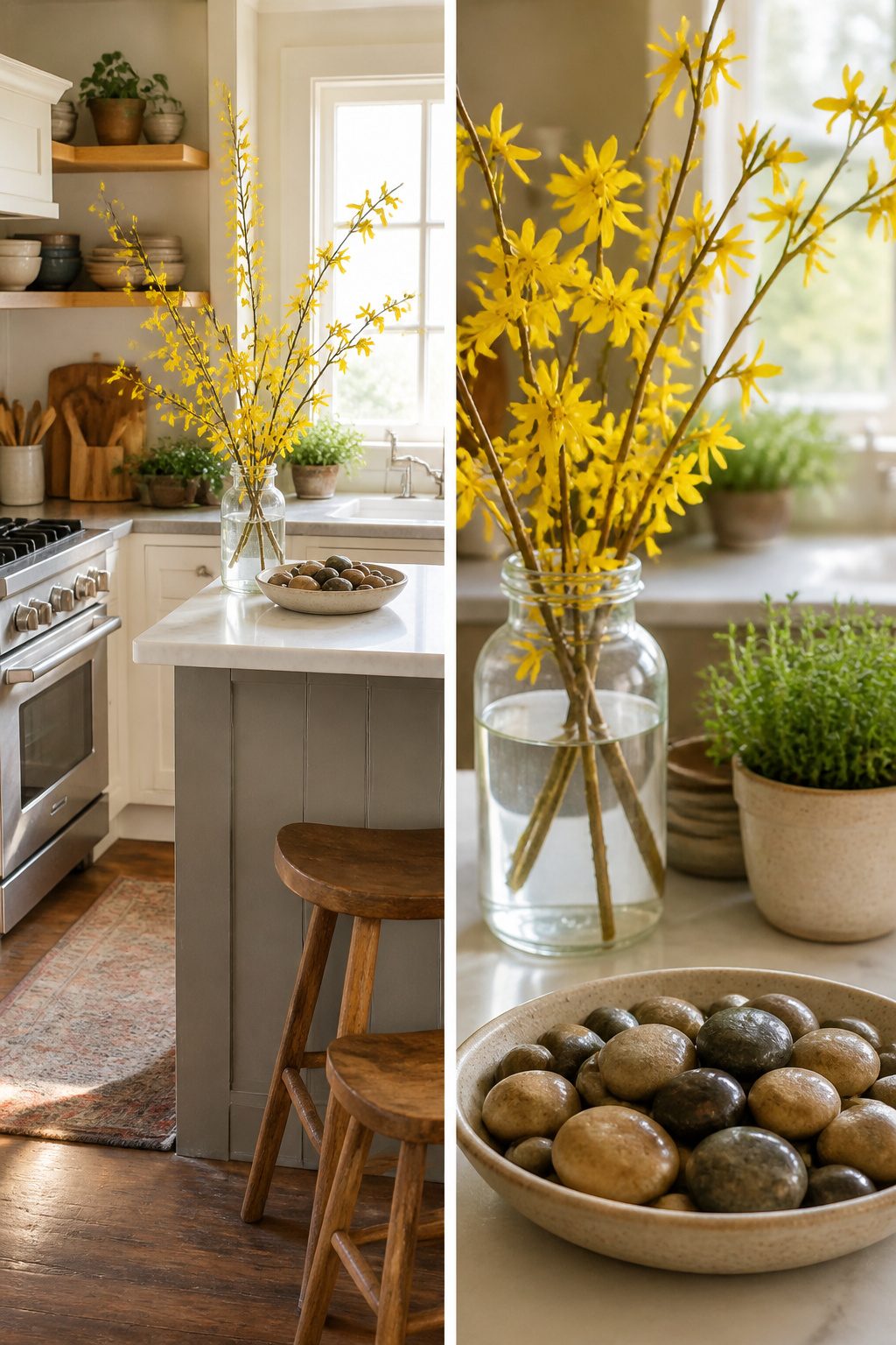 Forsythia branch in water and river stones on the counter.