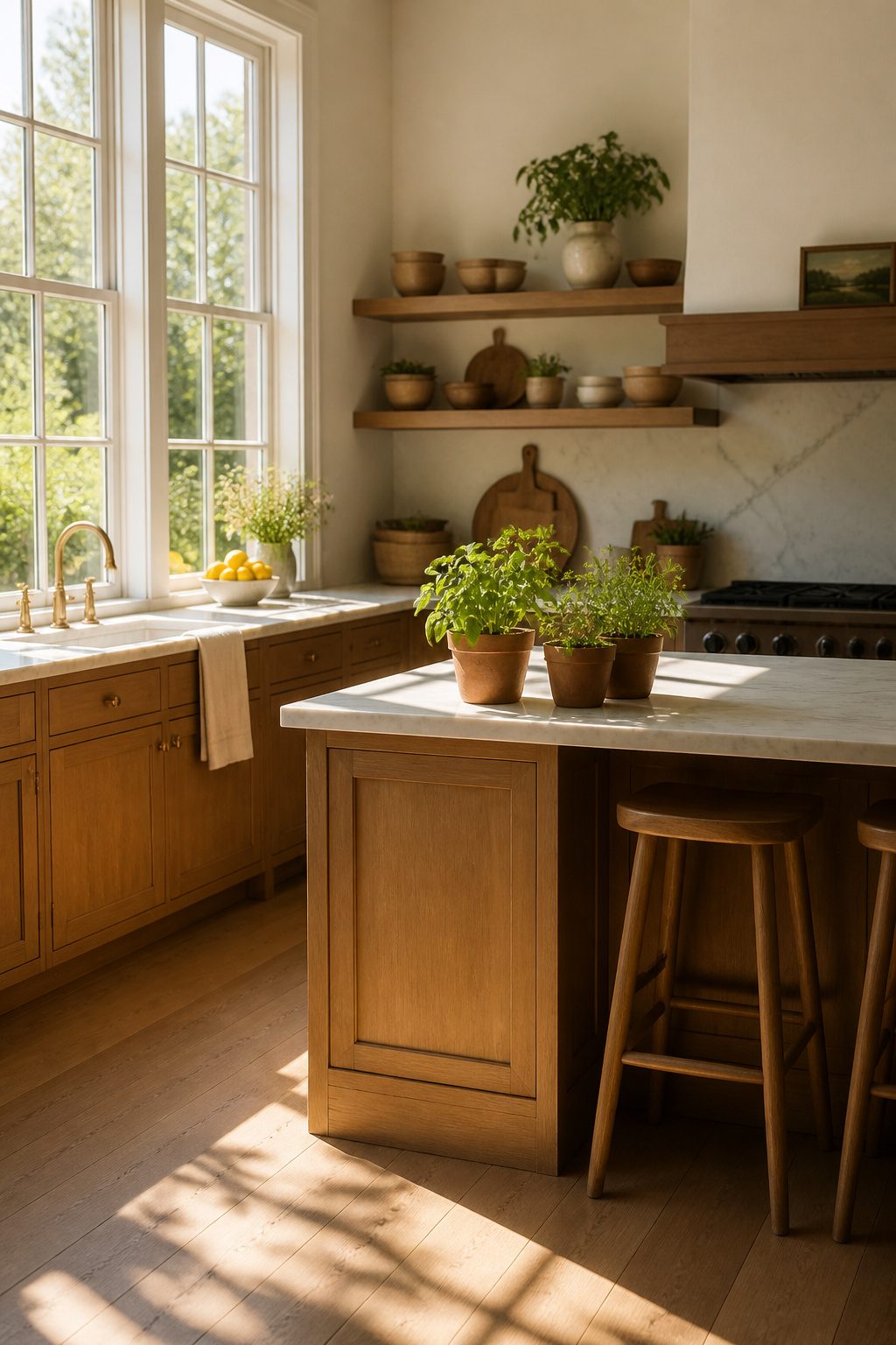 Potted basil and mint herbs on a kitchen windowsill.