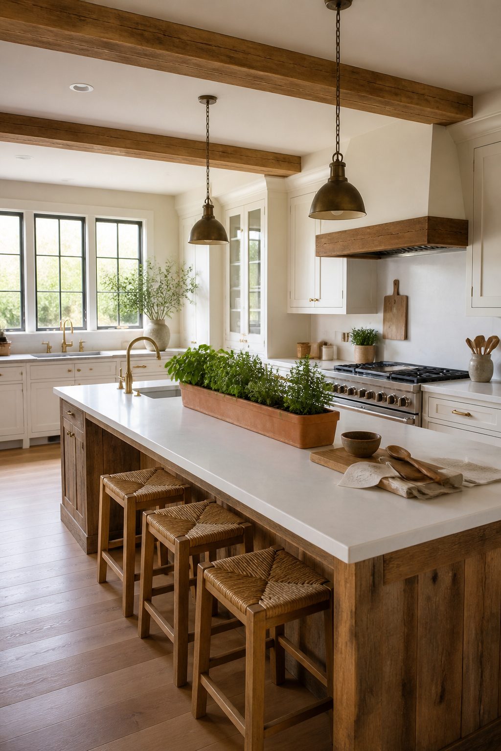 Terracotta trough with herbs on a kitchen island.
