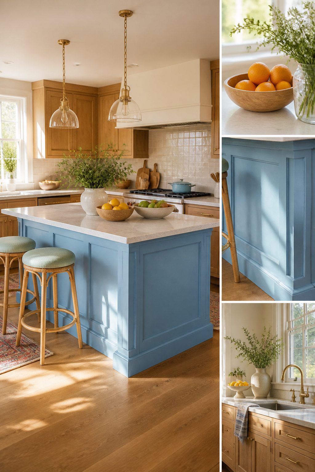 Kitchen island painted in Palladian Blue.