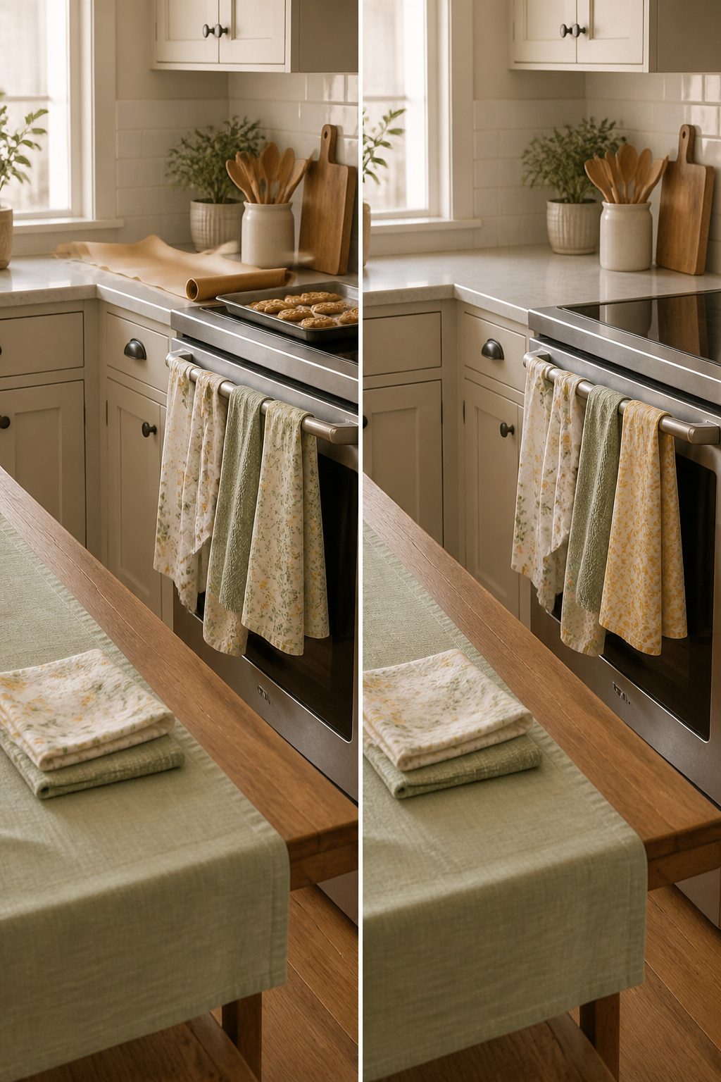 Cotton dish towels hanging on the oven door.