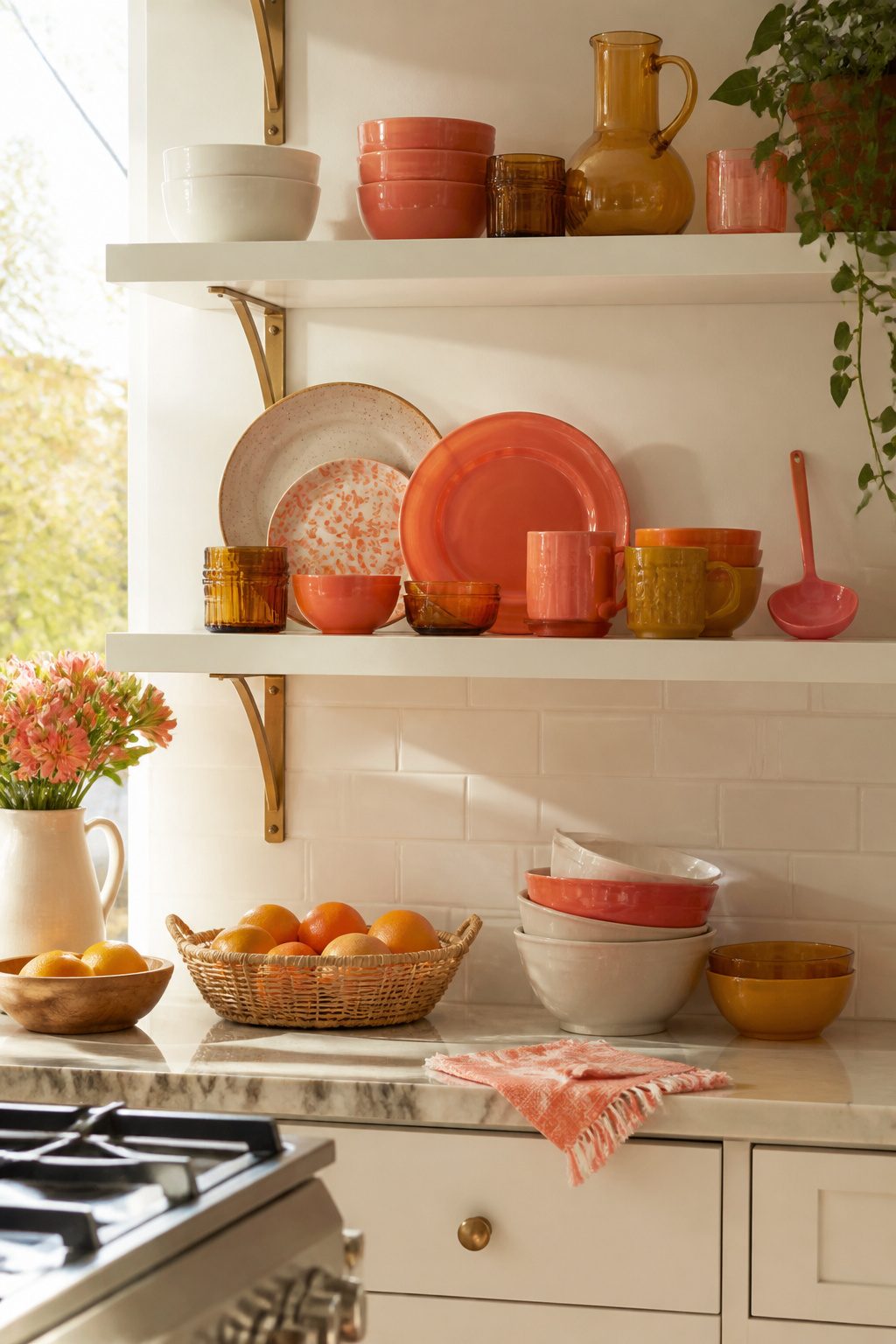 Open shelf displaying coral and amber dishware.