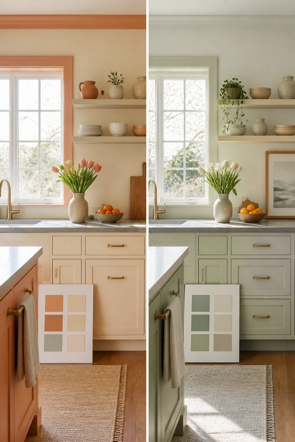 Kitchen wall painted in cream with pale terracotta accents.