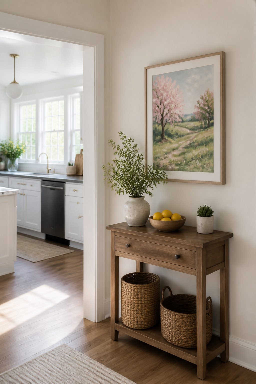 Framed print of a spring landscape on the kitchen wall.