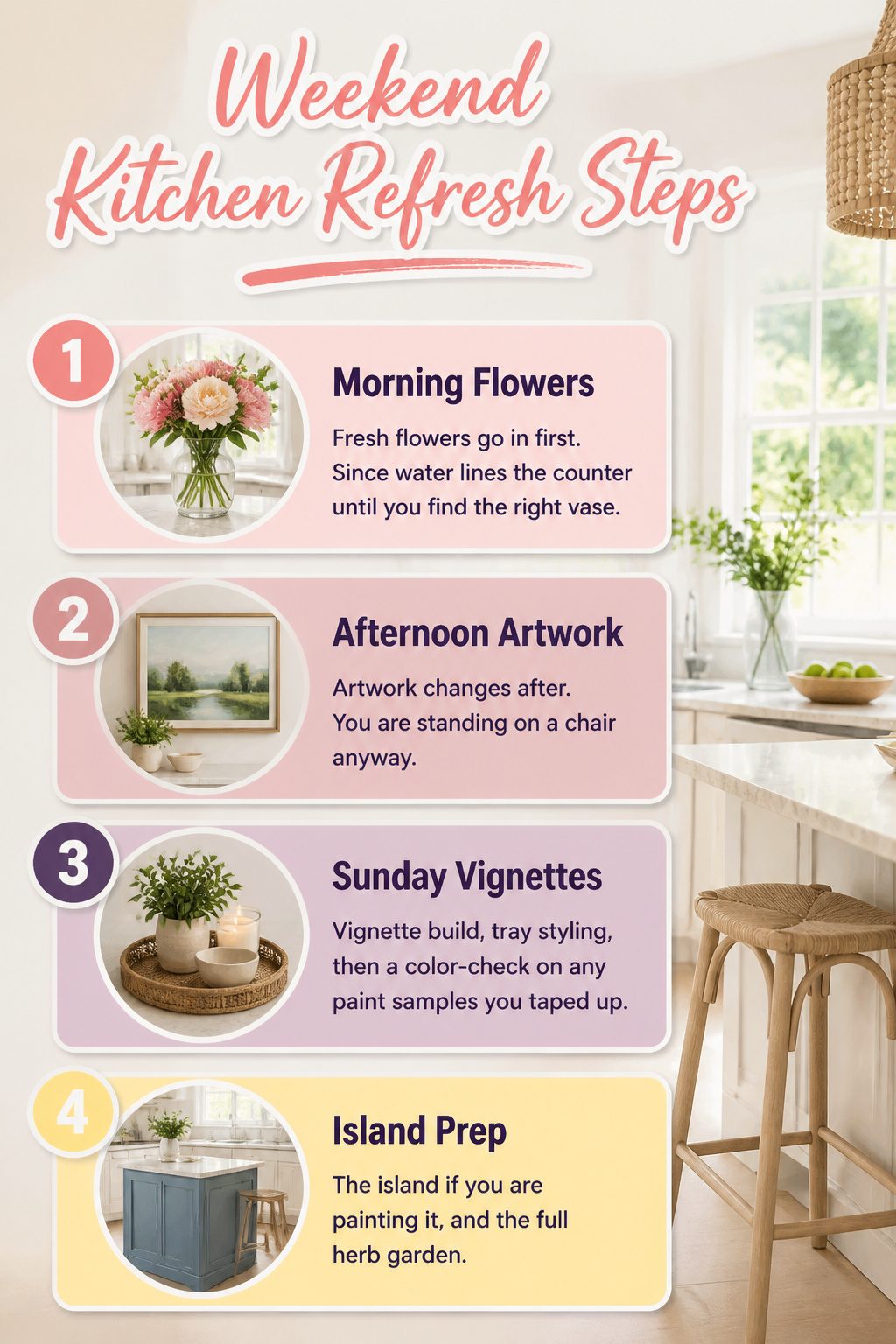 Steps for a weekend kitchen refresh displayed visually.