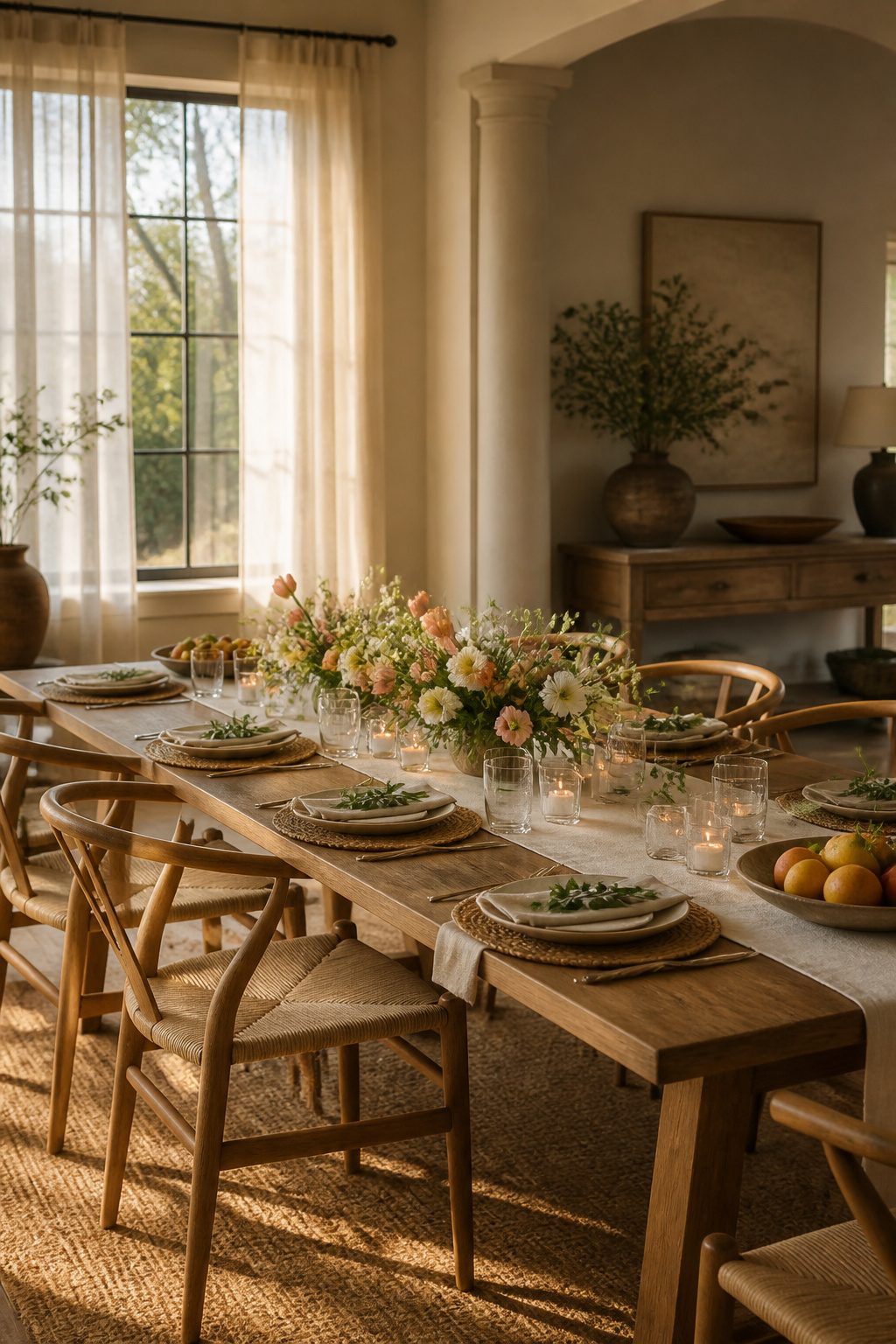 Cluster of unscented glass votives on a spring dining table.