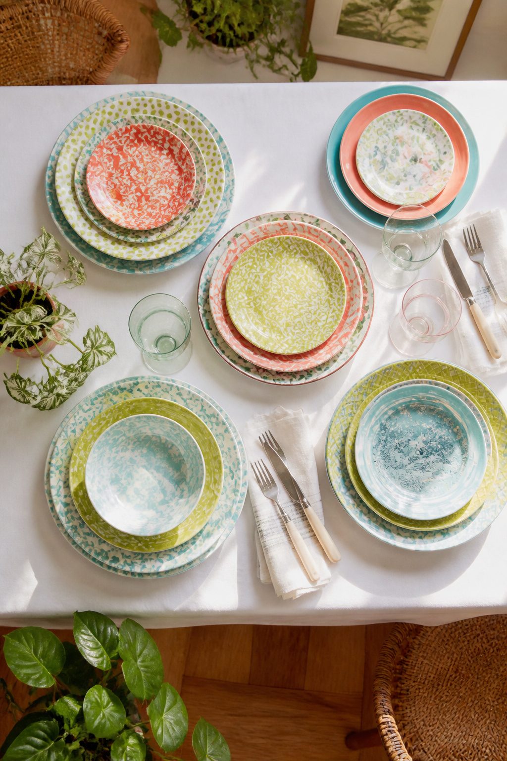 Patterned plates in soft colors set on a dining table.