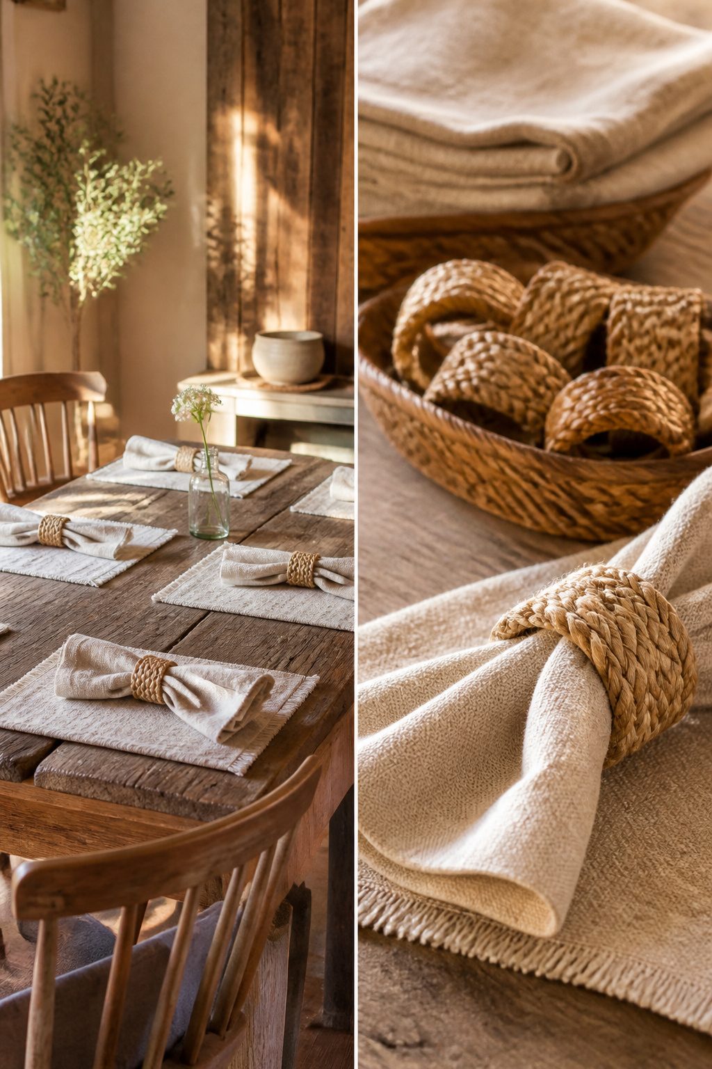 Handmade jute napkin rings on a dining table.